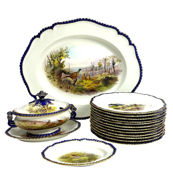 Antique Royal Worcester 1898 George Johnson Hand Painted Game Bird China-17 Pcs - Picture 3 of 16